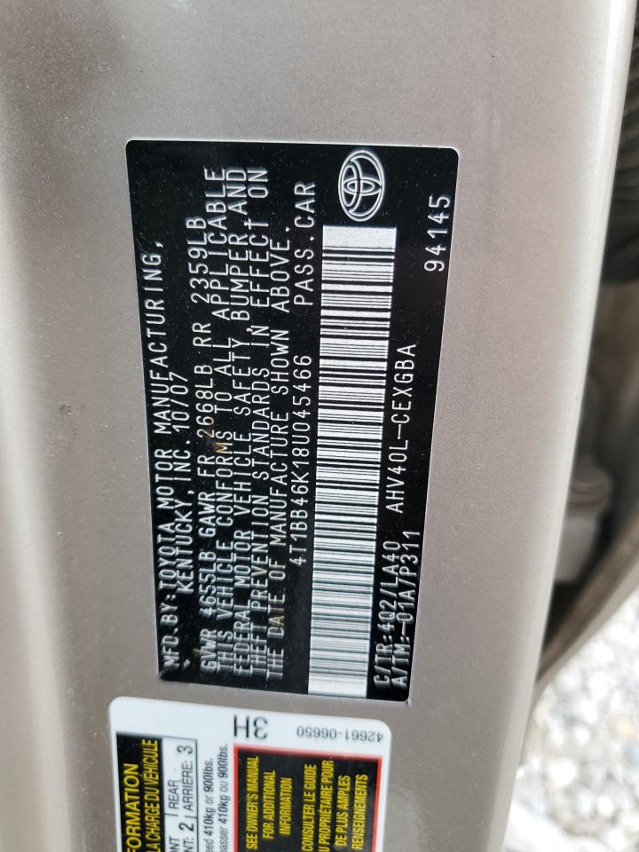 2008 Toyota Camry Hybrid VIN: 4T1BB46K18U045466 Lot: 85743385