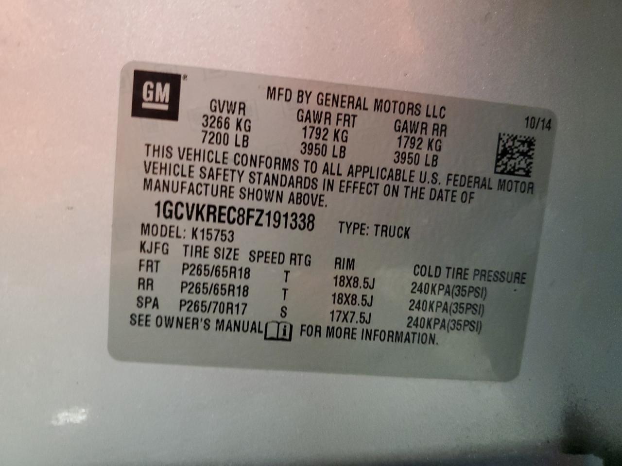 VIN 1GCVKREC8FZ191338 2015 CHEVROLET ALL Models no.12