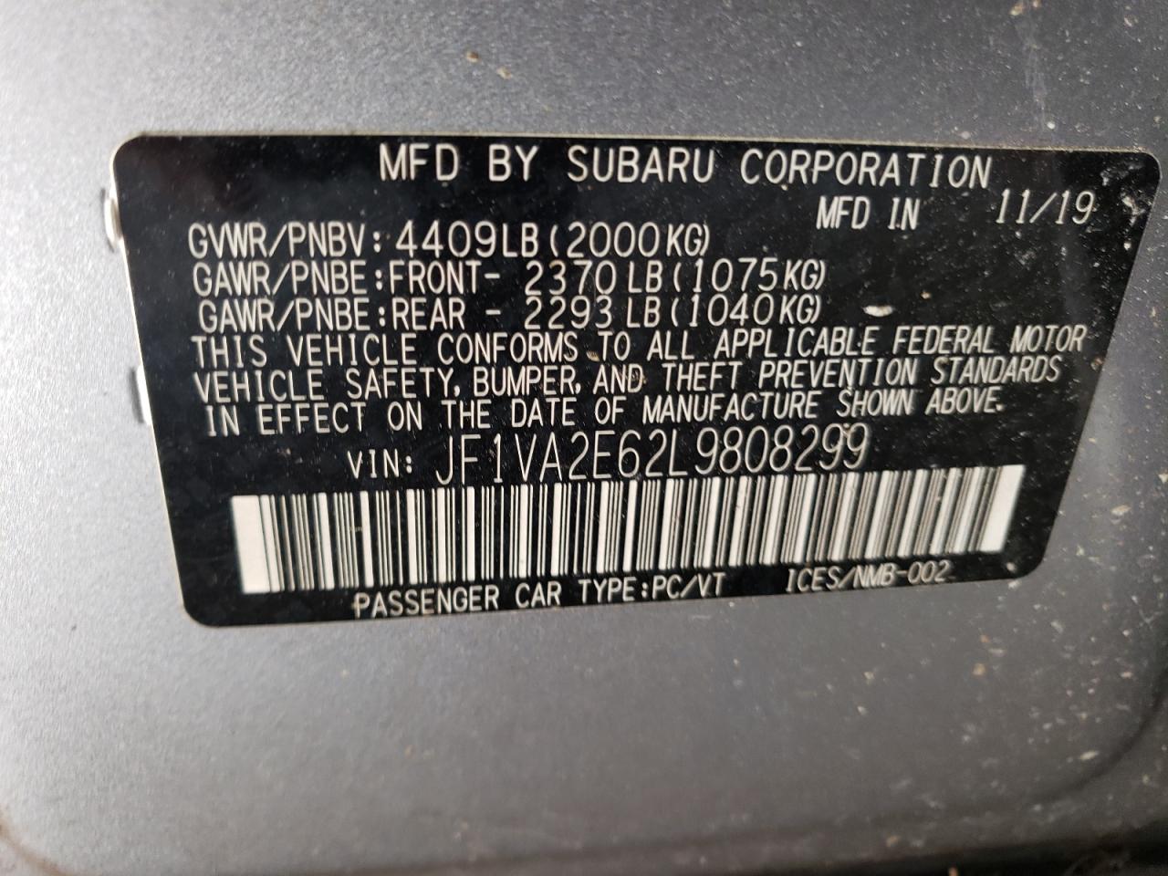 2020 Subaru Wrx Sti VIN: JF1VA2E62L9808299 Lot: 80372804