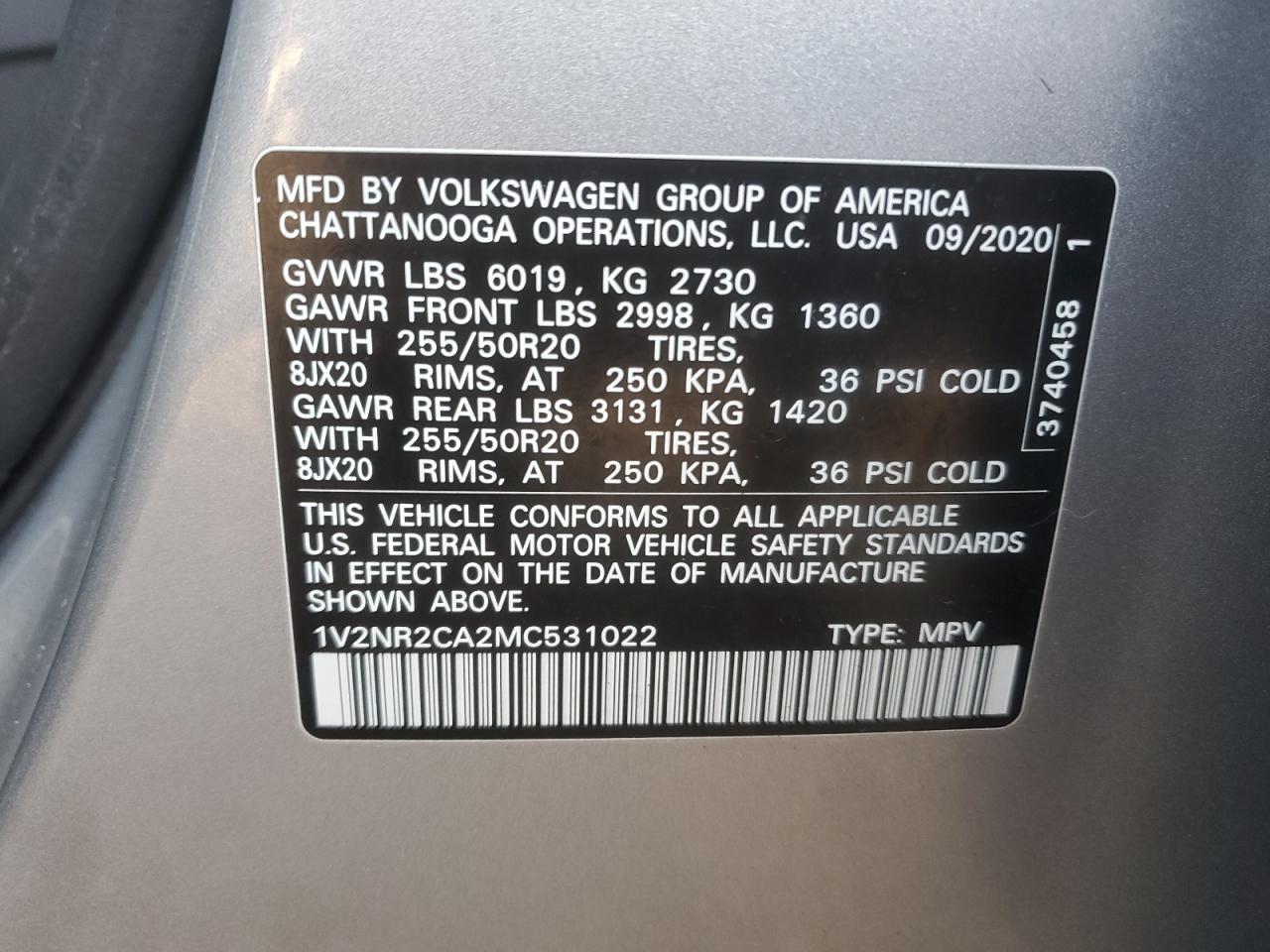 2021 Volkswagen Atlas Se VIN: 1V2NR2CA2MC531022 Lot: 80560044