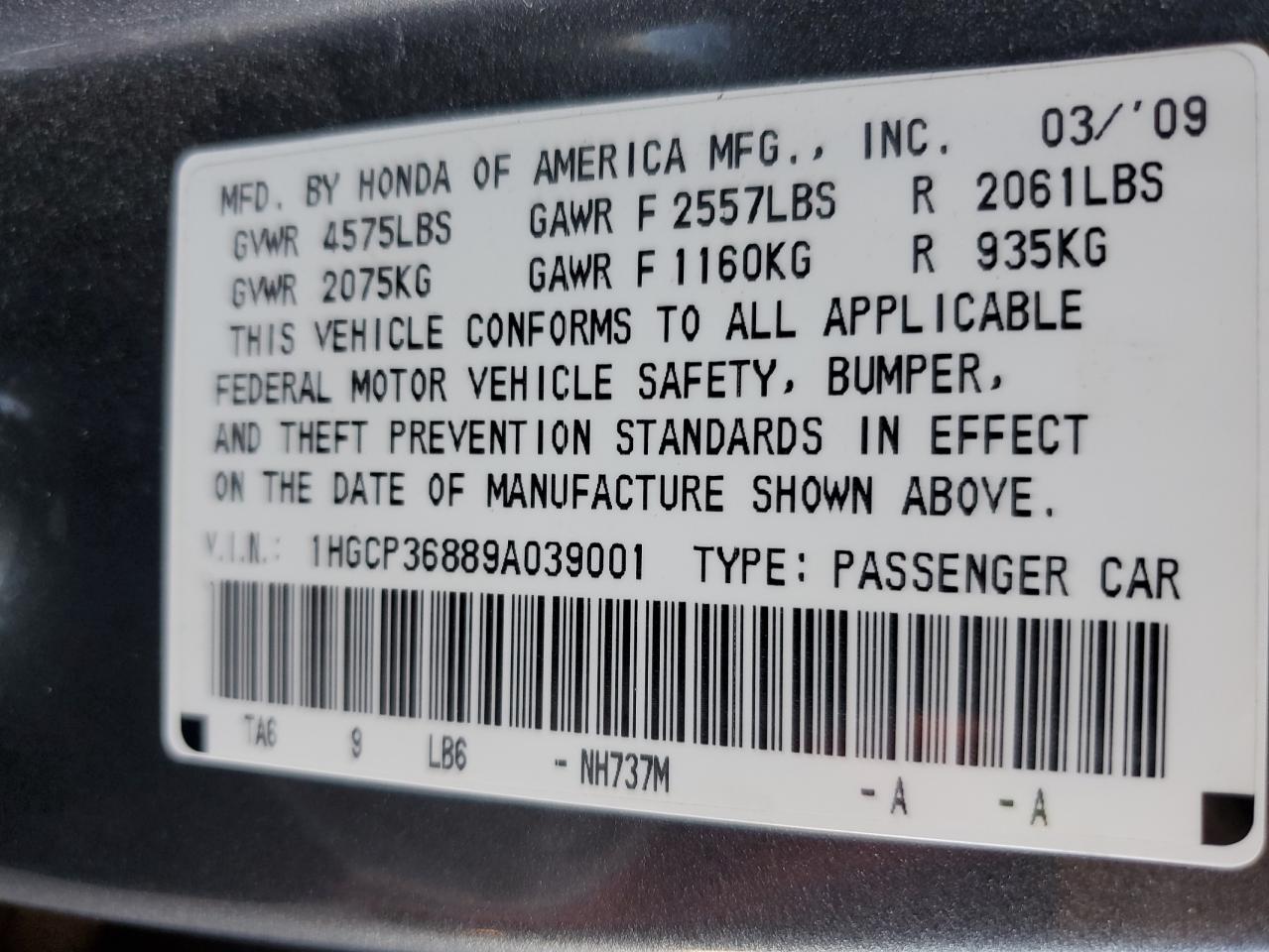 2009 Honda Accord Exl VIN: 1HGCP36889A039001 Lot: 74266584