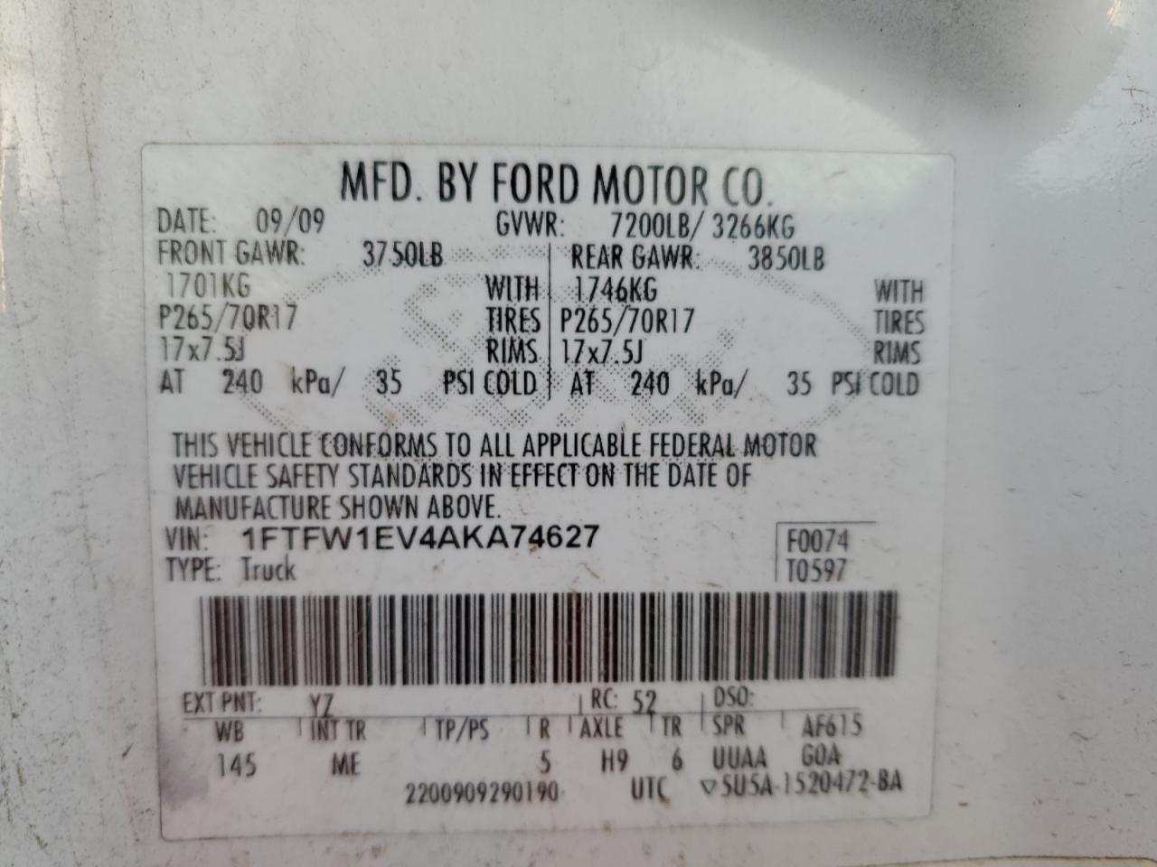 2010 Ford F150 Supercrew VIN: 1FTFW1EV4AKA74627 Lot: 79510924