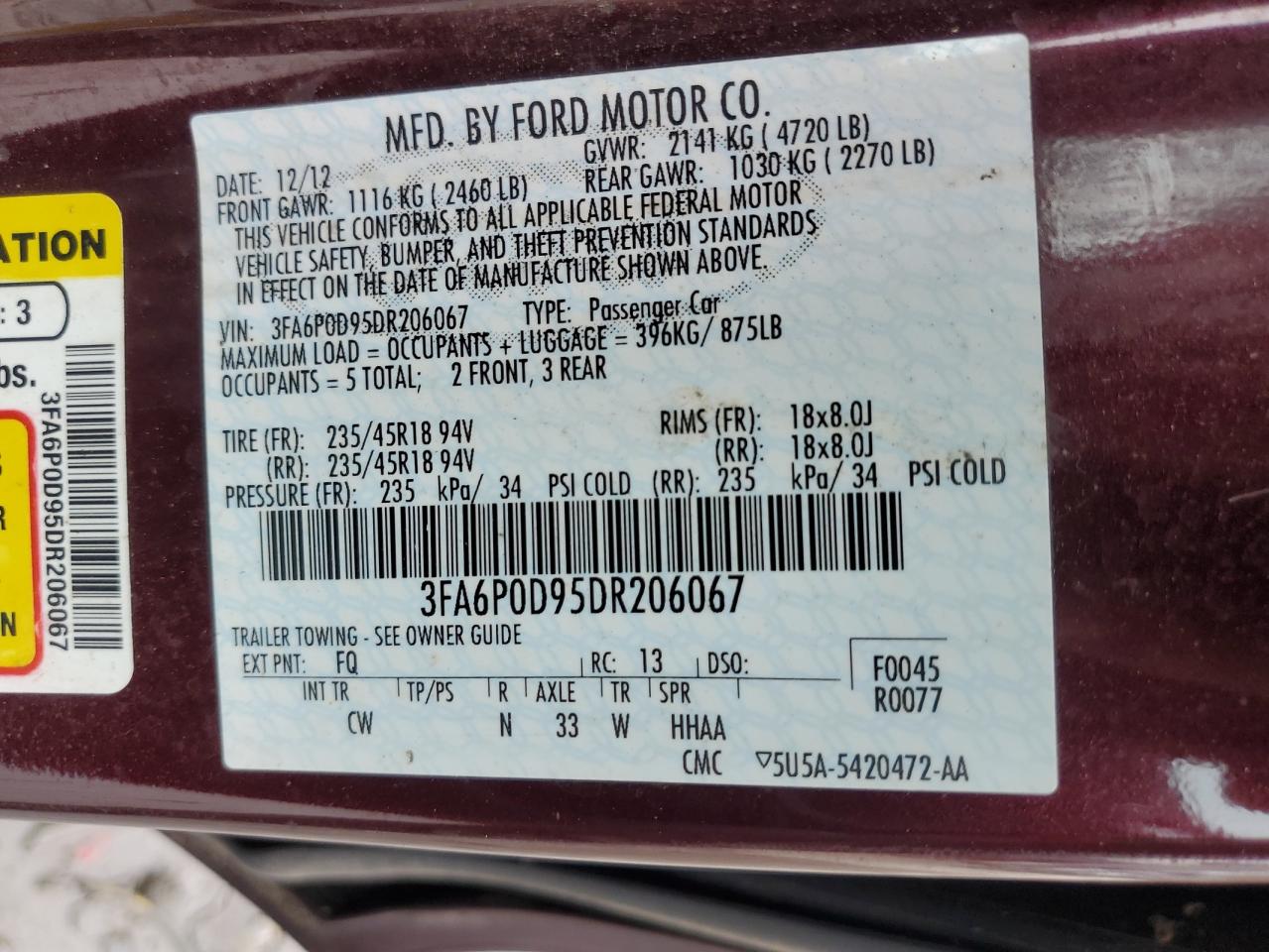 VIN 3FA6P0D95DR206067 2013 FORD FUSION no.13