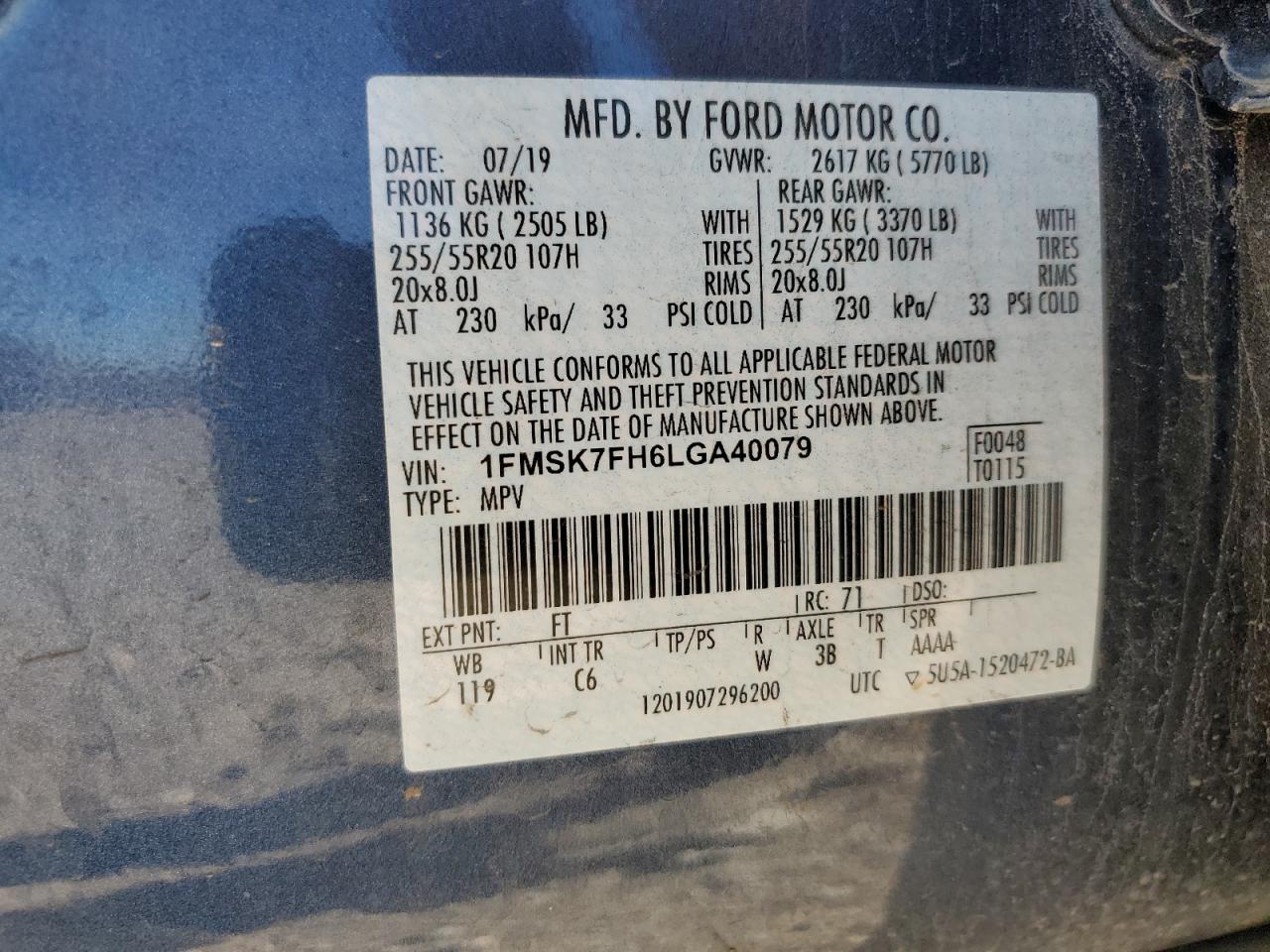 2020 Ford Explorer Limited VIN: 1FMSK7FH6LGA40079 Lot: 82199864