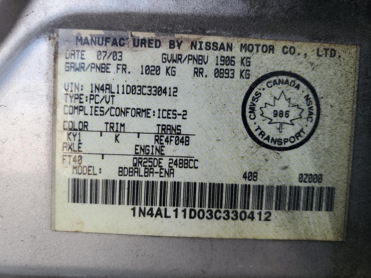 2003 Nissan Altima Base VIN: 1N4AL11D03C330412 Lot: 85166645