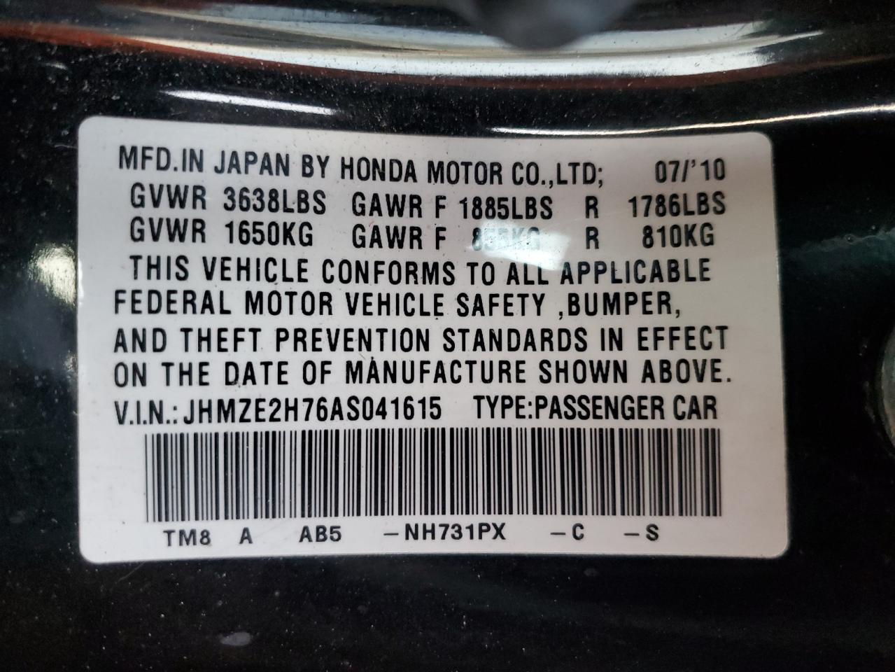 2010 Honda Insight Ex VIN: JHMZE2H76AS041615 Lot: 81299944