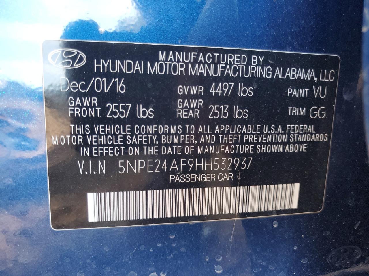 VIN 5NPE24AF9HH532937 2017 HYUNDAI SONATA no.12