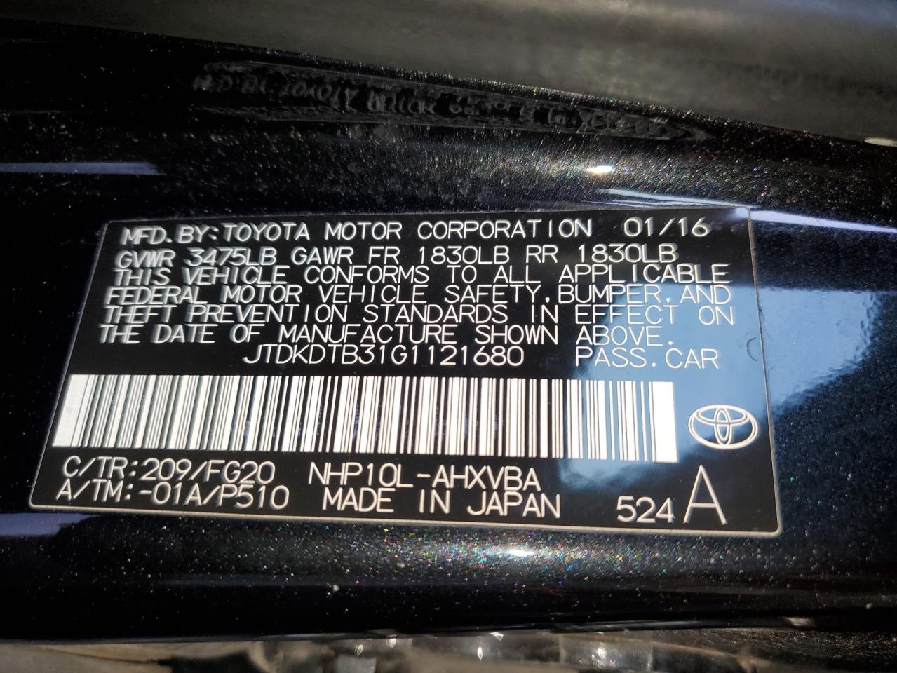 2016 Toyota Prius C VIN: JTDKDTB31G1121680 Lot: 79947754