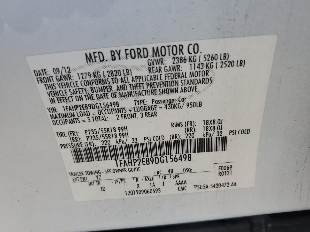 2013 Ford Taurus Sel VIN: 1FAHP2E89DG156498 Lot: 80184074