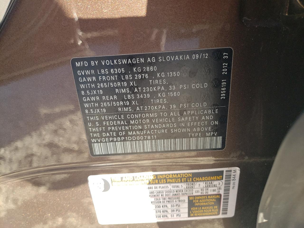 2013 Volkswagen Touareg V6 Tdi VIN: WVGEP9BP1DD007811 Lot: 82331074