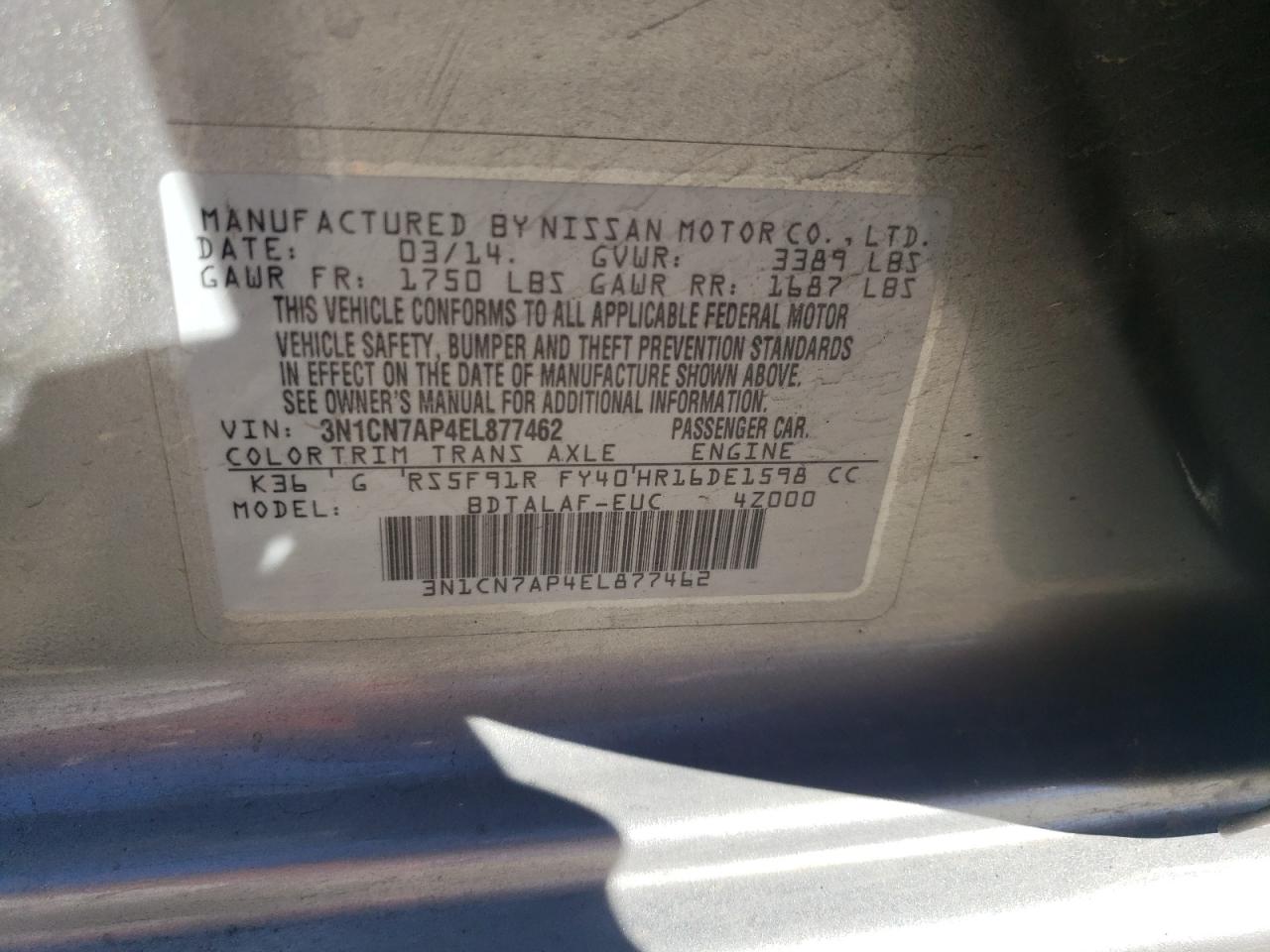 VIN 3N1CN7AP4EL877462 2014 NISSAN VERSA no.12