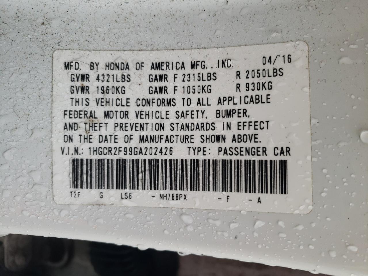 2016 Honda Accord Exl VIN: 1HGCR2F99GA202426 Lot: 80507694
