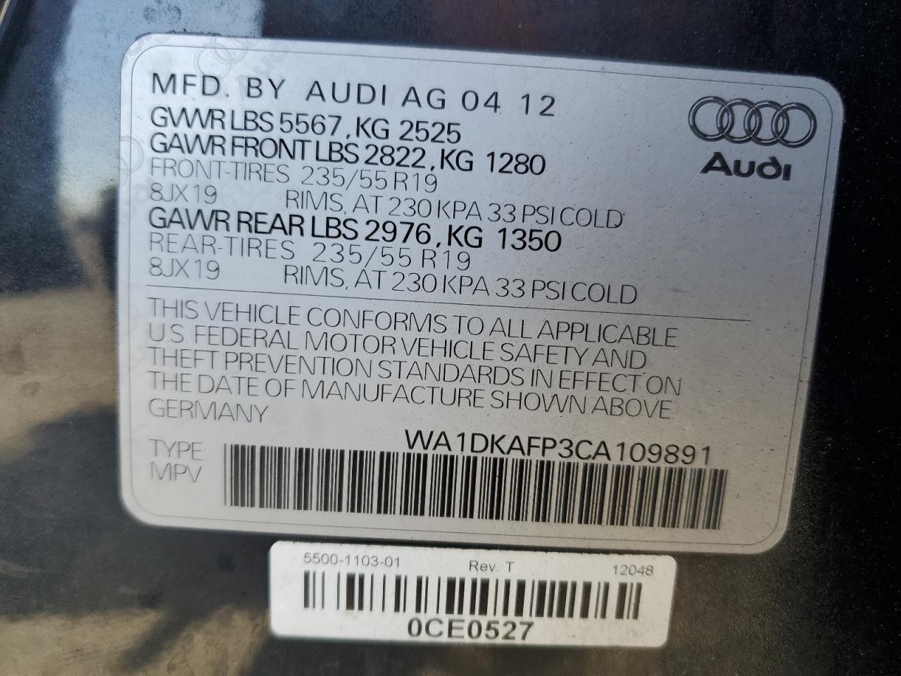 2012 Audi Q5 Premium Plus VIN: WA1DKAFP3CA109891 Lot: 79728254