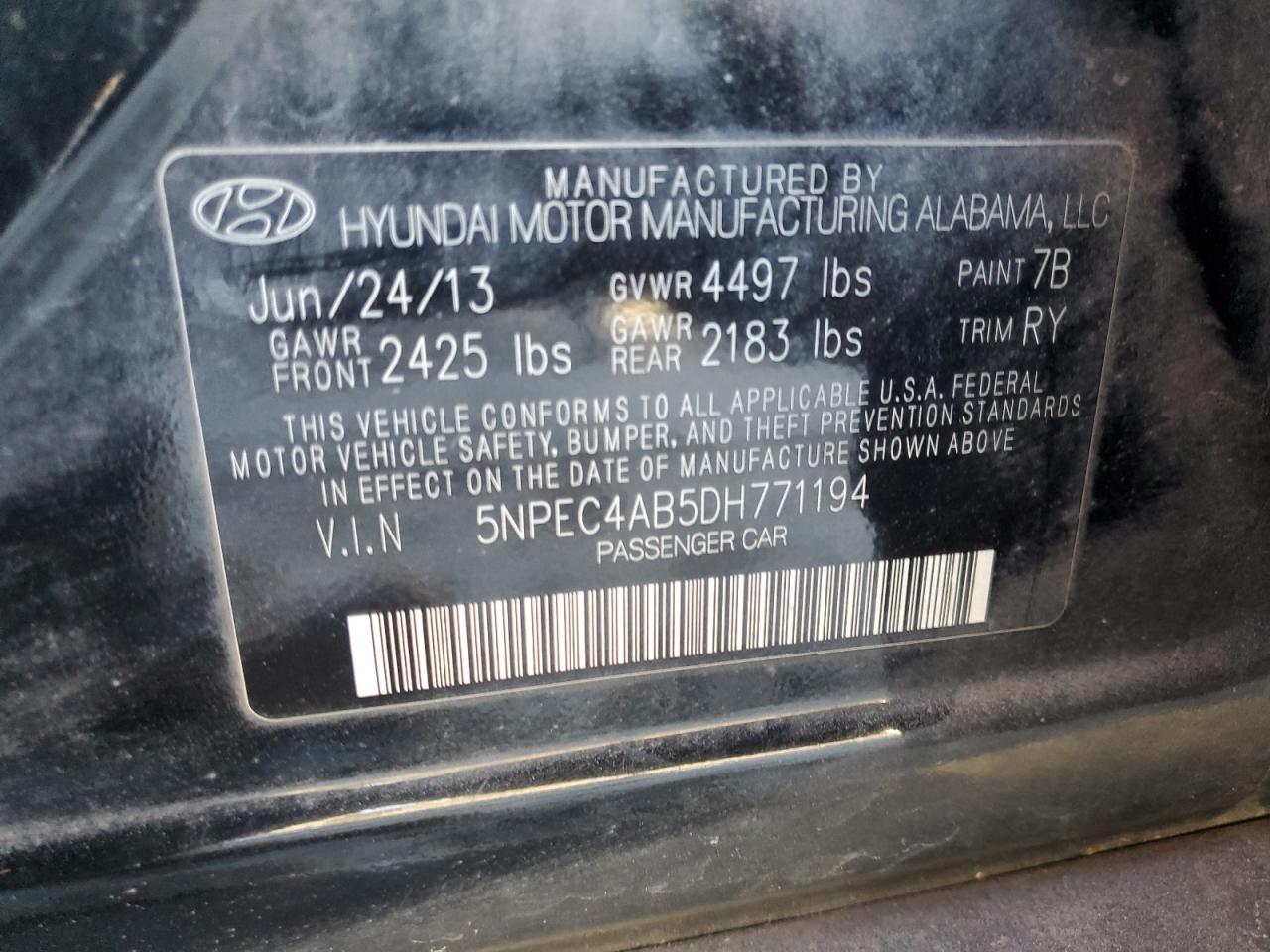 2013 Hyundai Sonata Se VIN: 5NPEC4AB5DH771194 Lot: 78938754