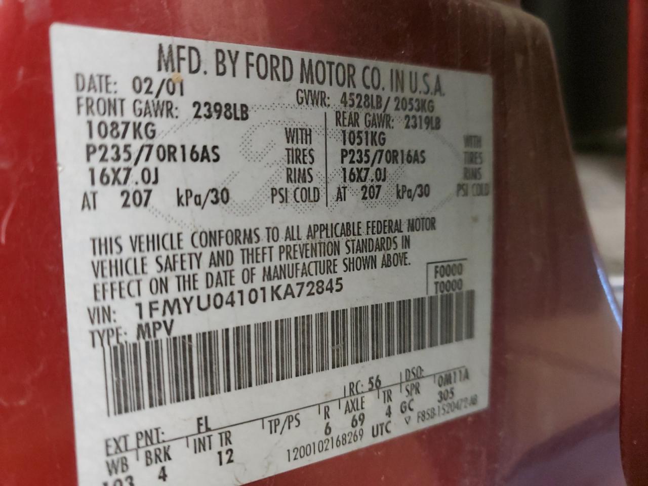 2001 Ford Escape Xlt VIN: 1FMYU04101KA72845 Lot: 79641824