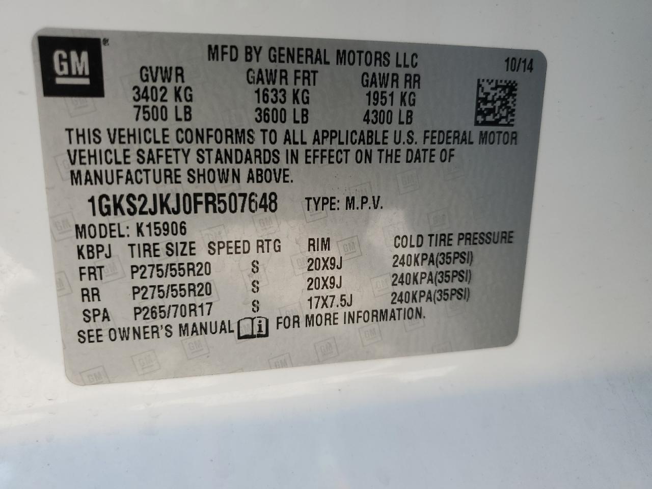 2015 GMC Yukon Xl Denali VIN: 1GKS2JKJ0FR507648 Lot: 82172434