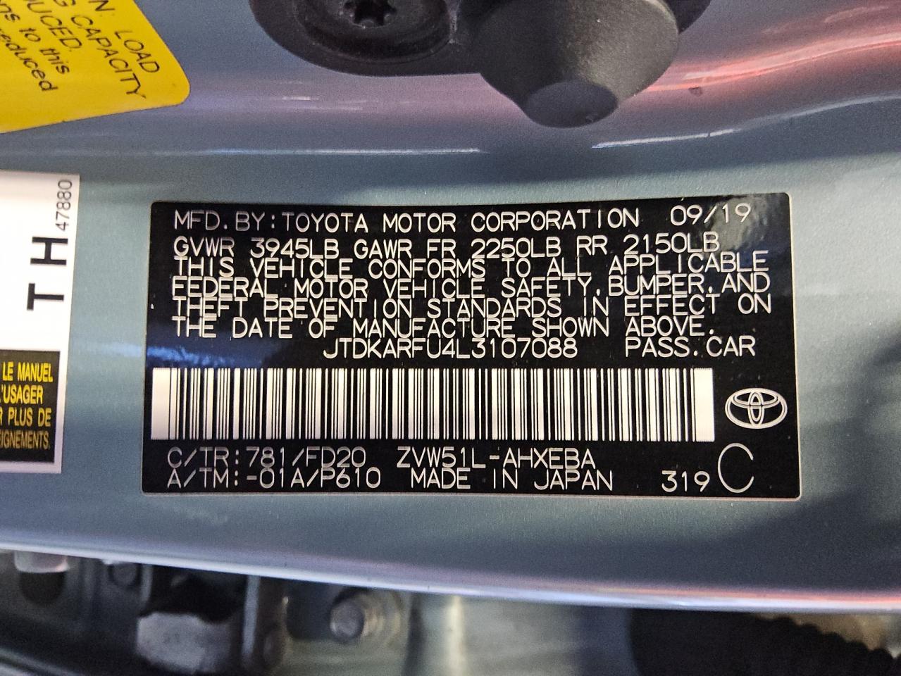 2020 Toyota Prius L VIN: JTDKARFU4L3107088 Lot: 81528324