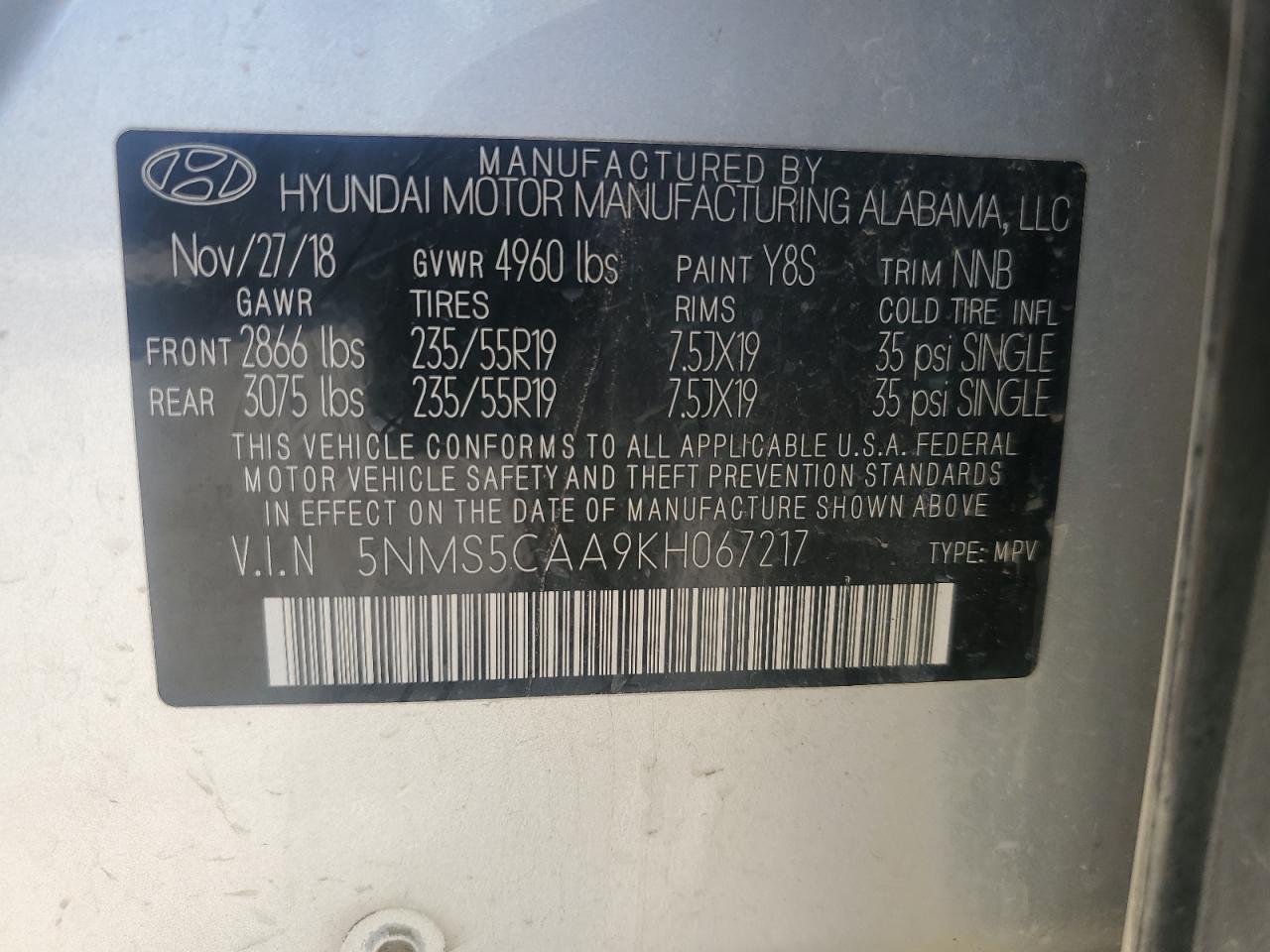 5NMS5CAA9KH067217 2019 HYUNDAI SANTA FE - Image 14