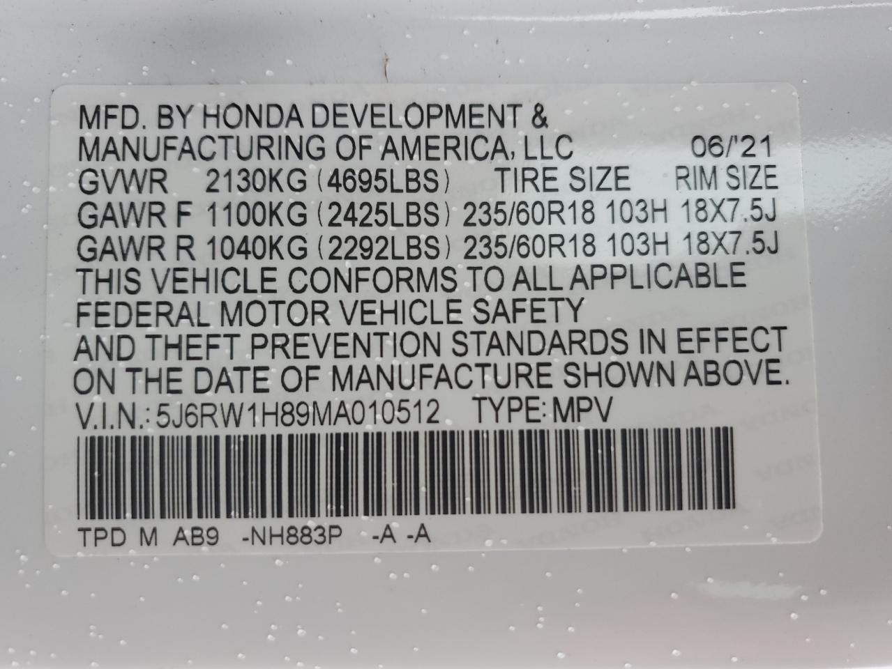 2021 Honda Cr-V Exl VIN: 5J6RW1H89MA010512 Lot: 79425364