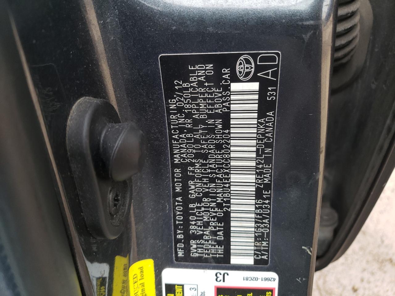 2012 Toyota Corolla Base VIN: 2T1BU4EEXCC802204 Lot: 82485994