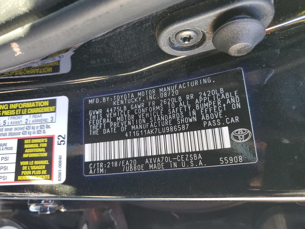 2020 Toyota Camry Se VIN: 4T1G11AK7LU986587 Lot: 80778094