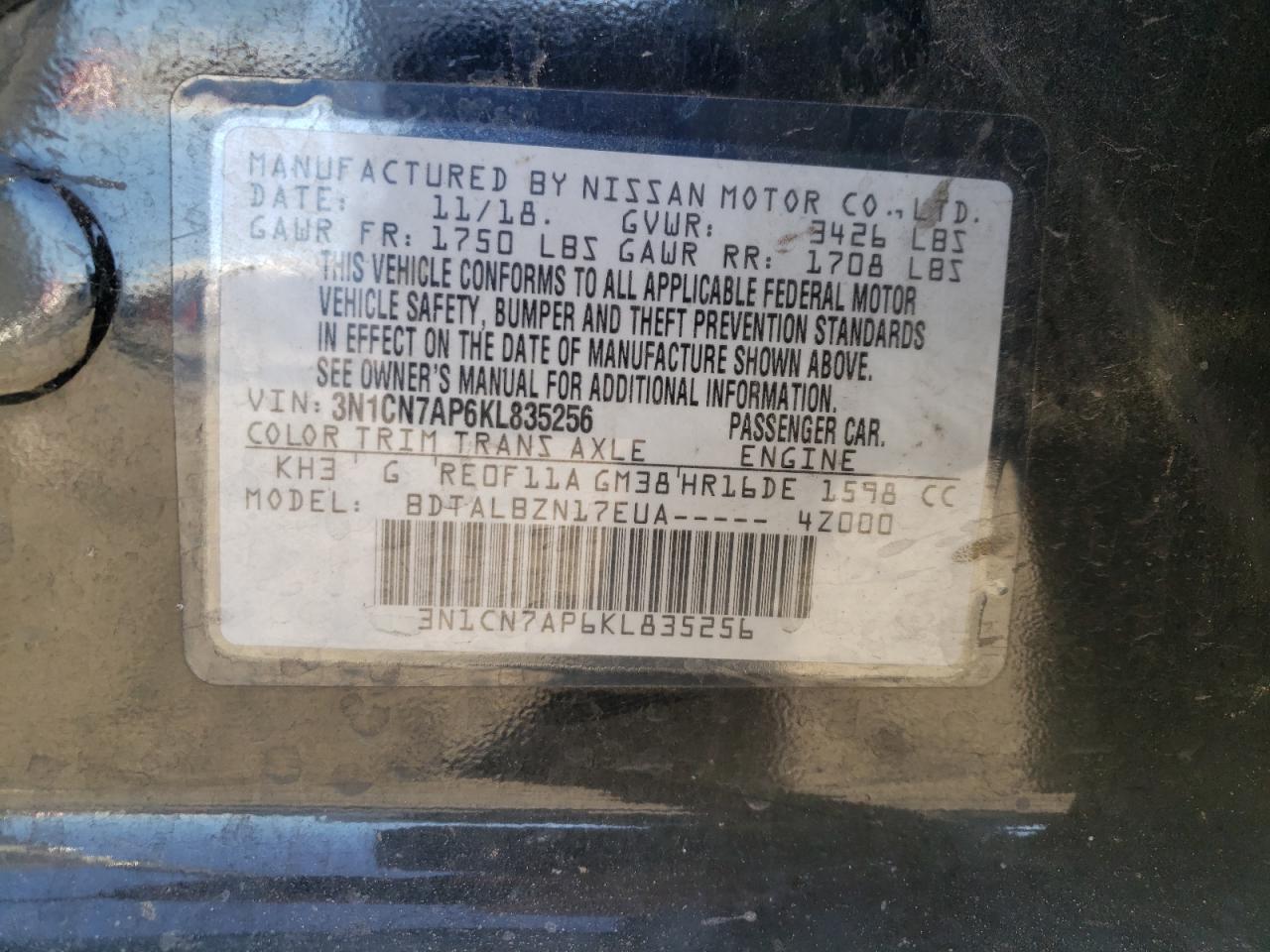 VIN 3N1CN7AP6KL835256 2019 NISSAN VERSA no.13