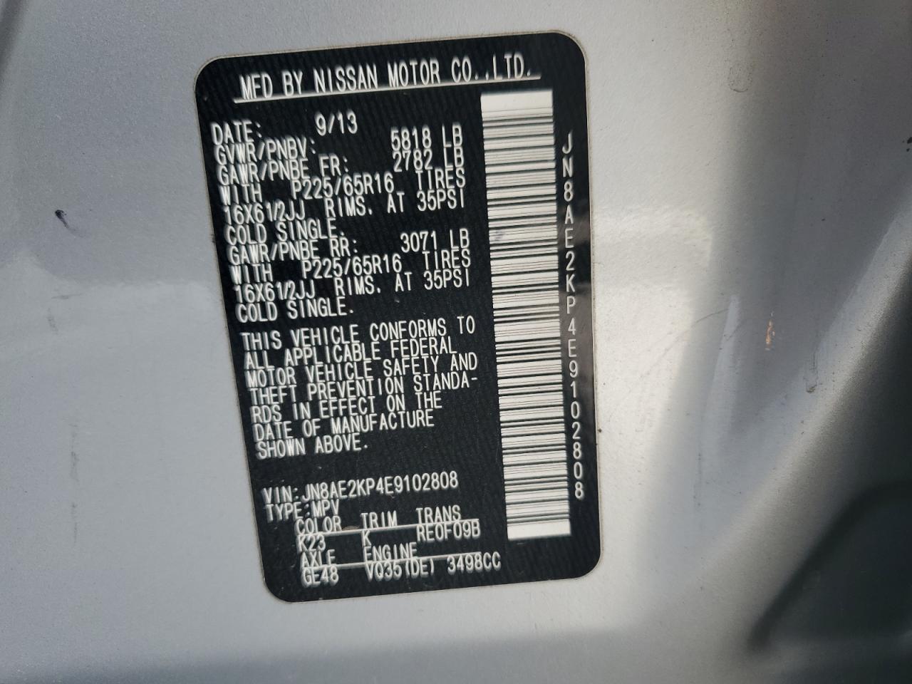 2014 Nissan Quest S VIN: JN8AE2KP4E9102808 Lot: 80188694