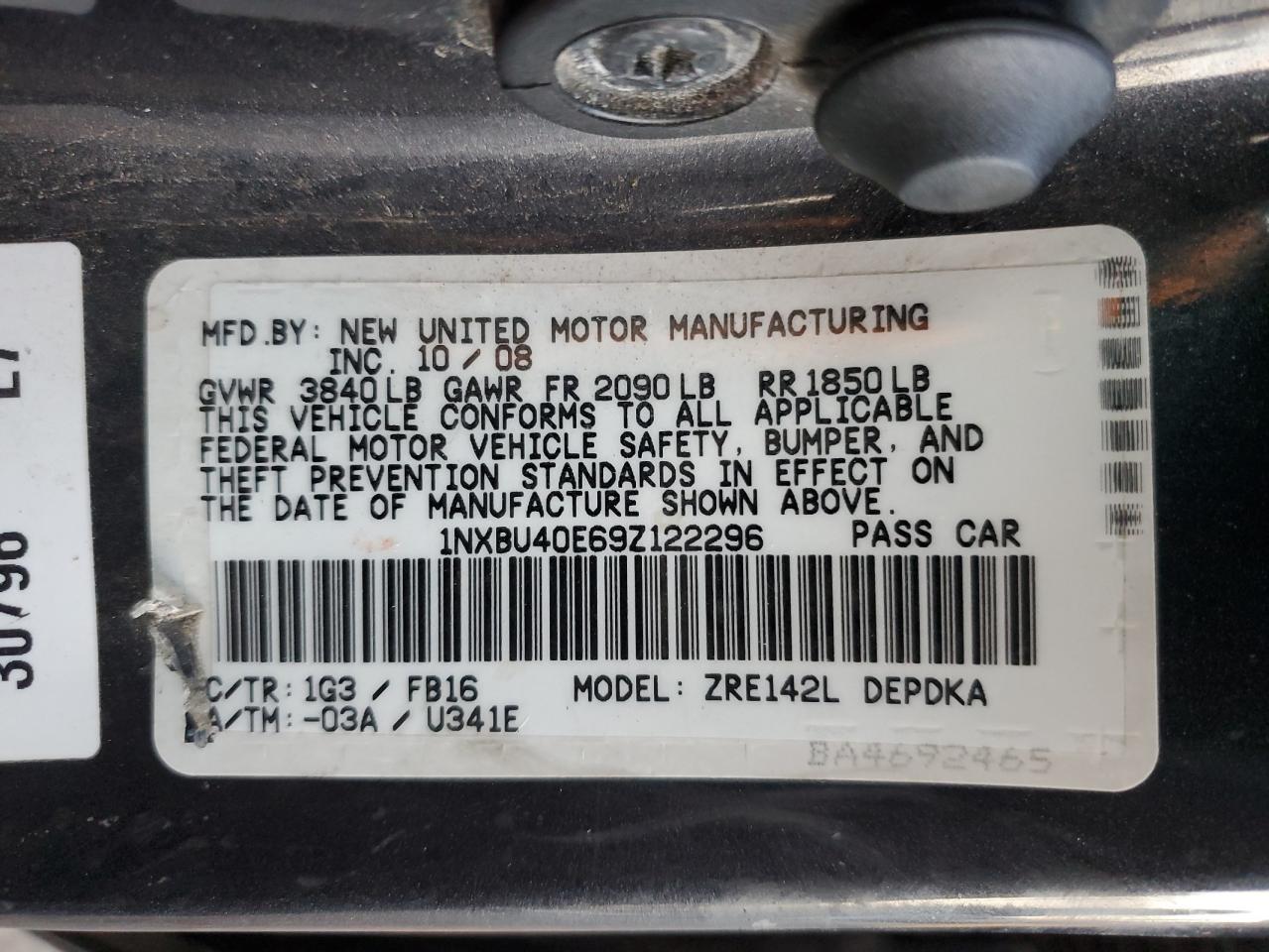 2009 Toyota Corolla Base VIN: 1NXBU40E69Z122296 Lot: 81369184