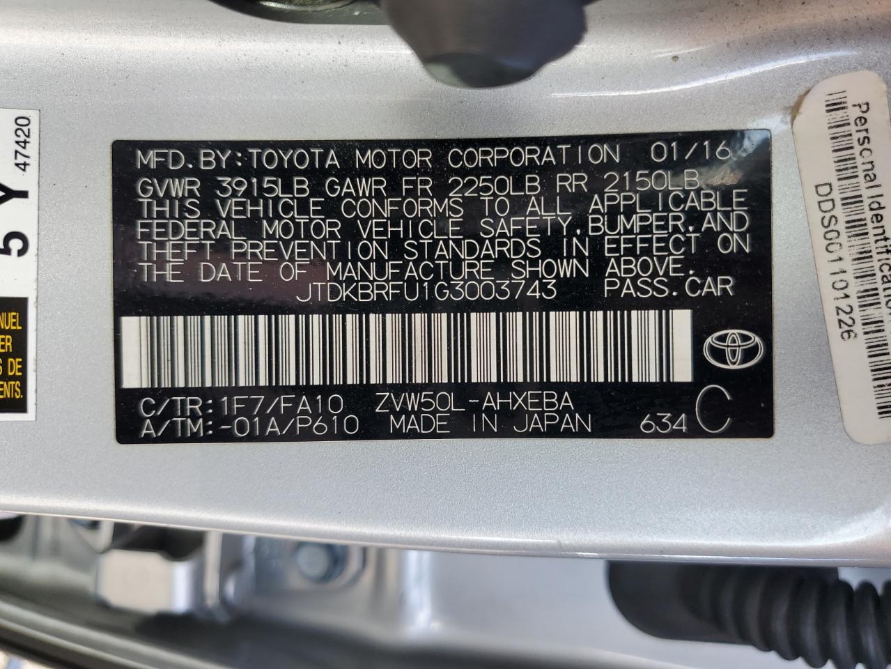 VIN JTDKBRFU1G3003743 2016 TOYOTA PRIUS no.12