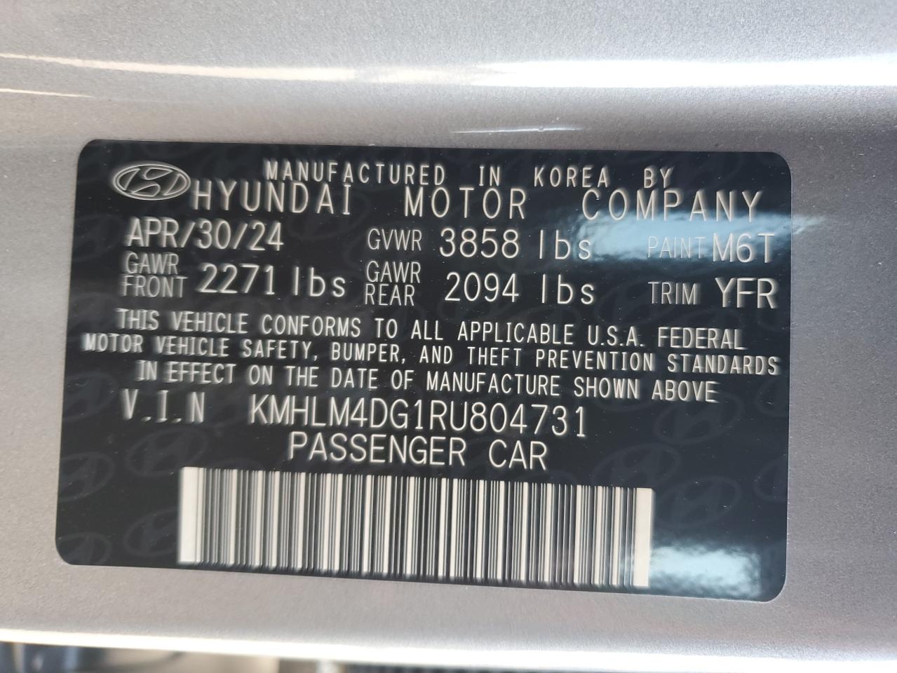 2024 Hyundai Elantra Sel VIN: KMHLM4DG1RU804731 Lot: 80170894