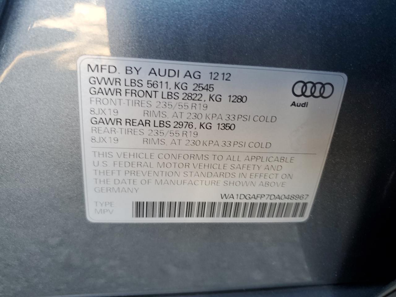 2013 Audi Q5 Premium Plus VIN: WA1DGAFP7DA048967 Lot: 79502034