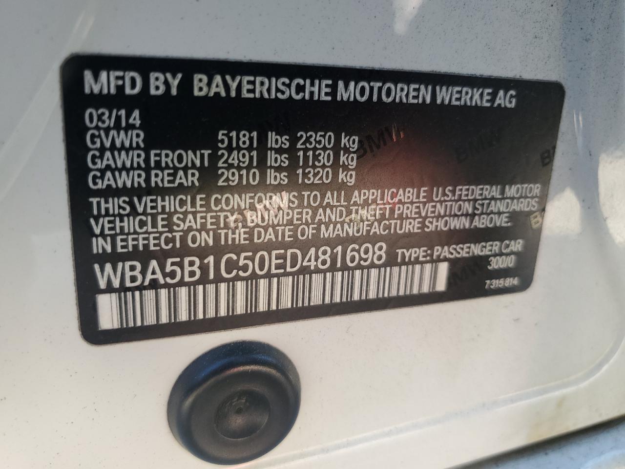 2014 BMW 535 I VIN: WBA5B1C50ED481698 Lot: 78989154