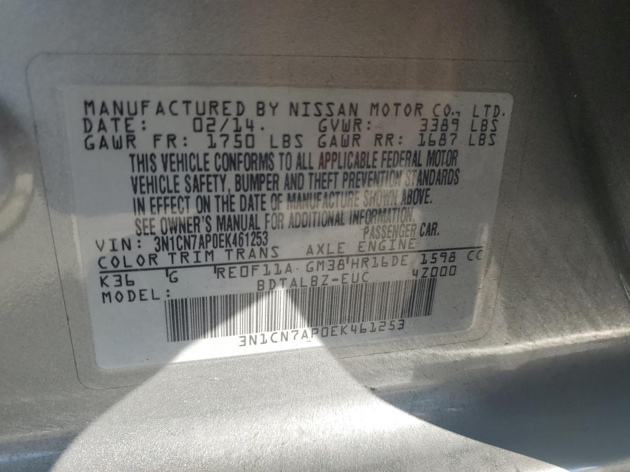 VIN 3N1CN7AP0EK461253 2014 NISSAN VERSA no.12