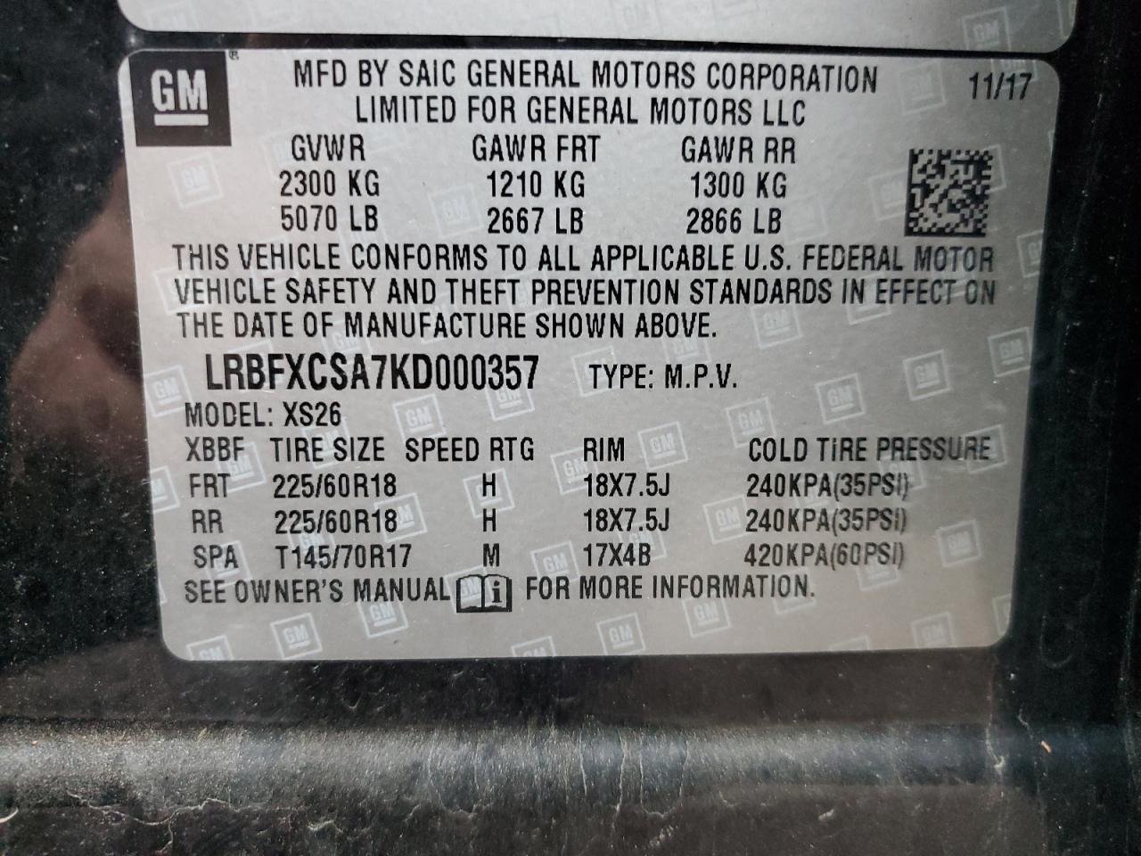 VIN LRBFXCSA7KD000357 2019 BUICK ENVISION no.13