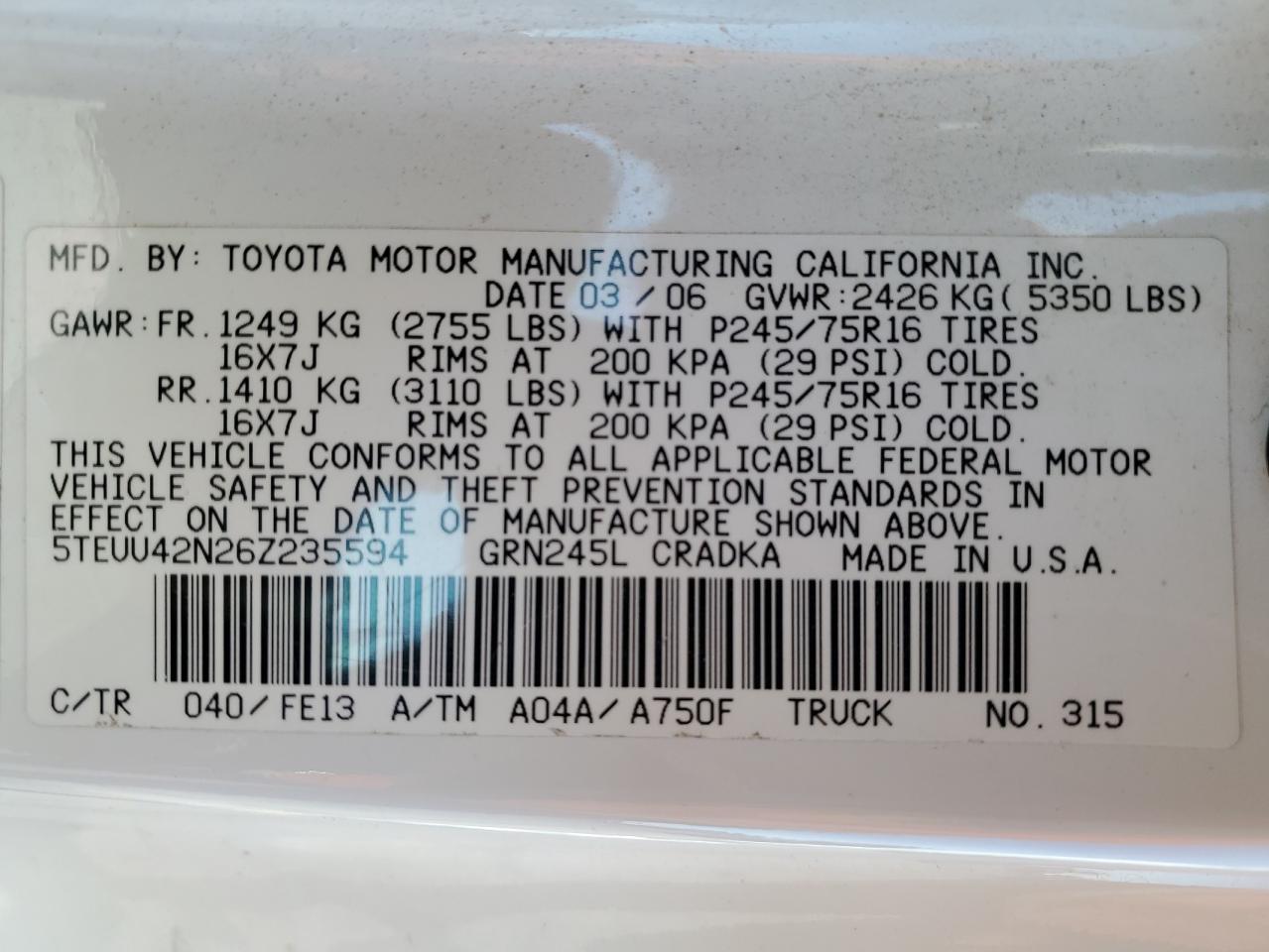 2006 Toyota Tacoma Access Cab VIN: 5TEUU42N26Z235594 Lot: 79339344