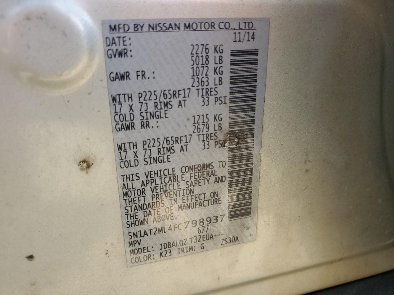 VIN 5N1AT2ML4FC798937 2015 NISSAN ROGUE no.14