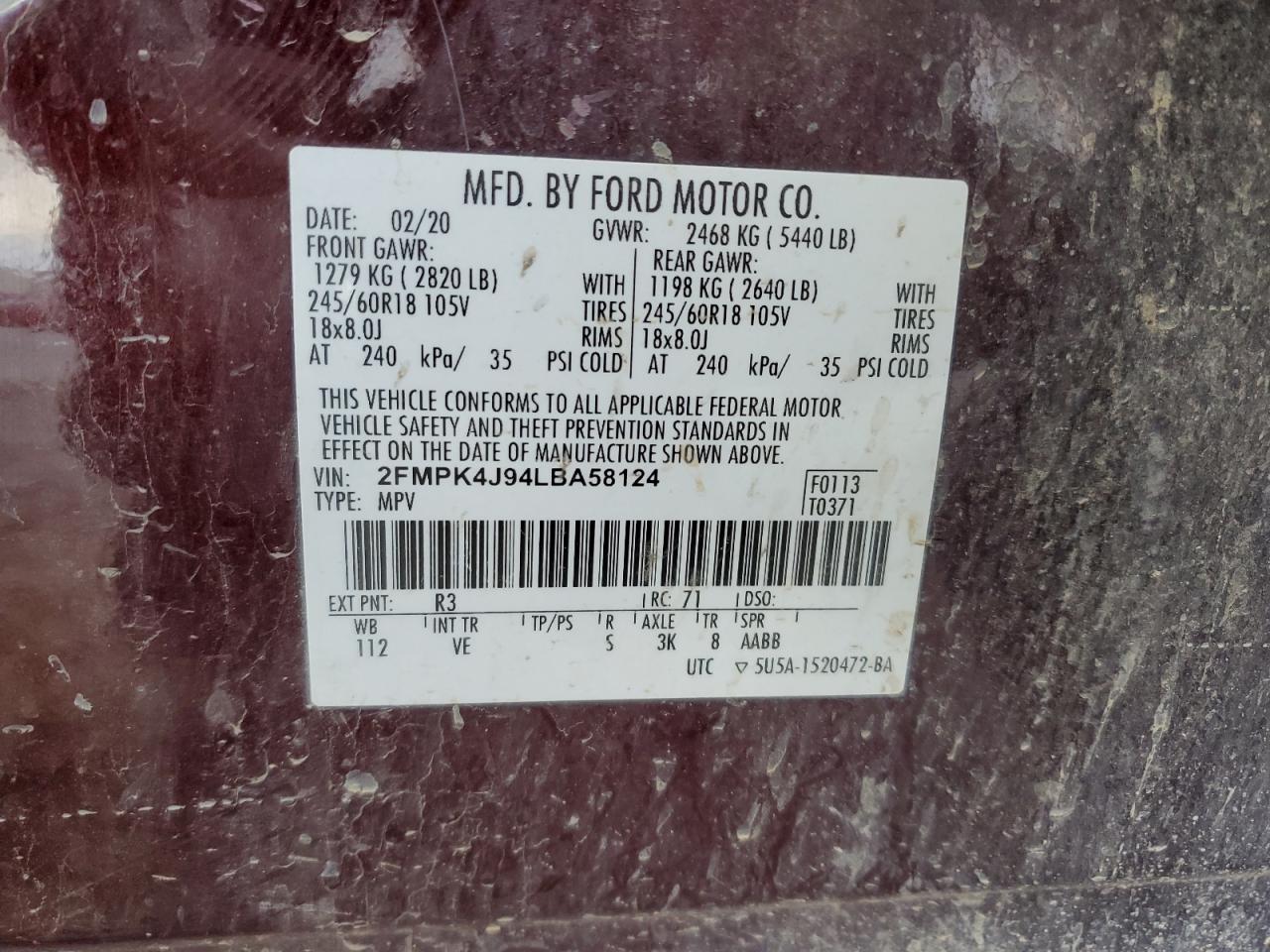 2020 Ford Edge Sel VIN: 2FMPK4J94LBA58124 Lot: 79233794