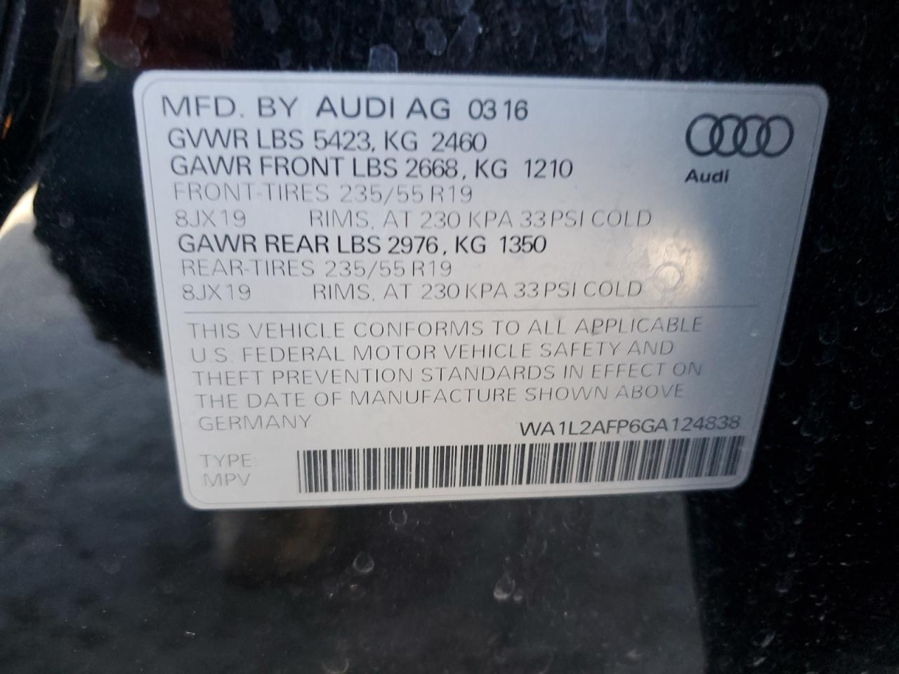 2016 Audi Q5 Premium Plus VIN: WA1L2AFP6GA124838 Lot: 80554824