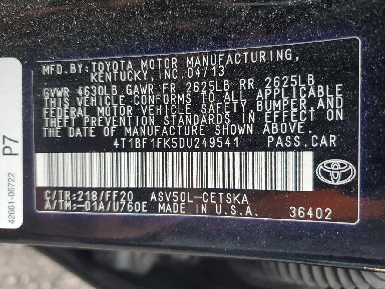 VIN 4T1BF1FK5DU249541 2013 TOYOTA CAMRY no.12