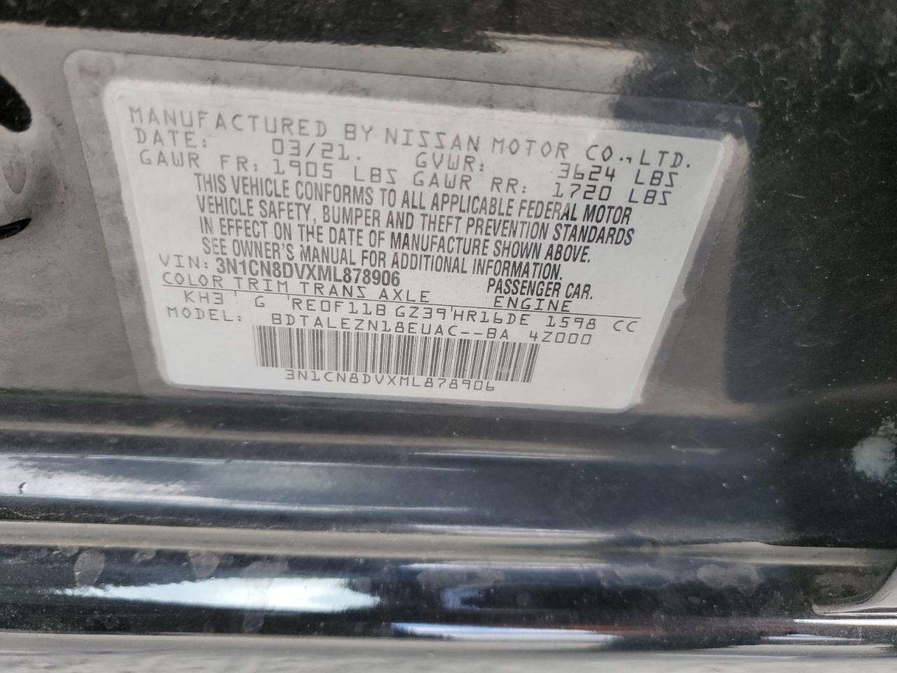 VIN 3N1CN8DVXML878906 2021 NISSAN VERSA no.12