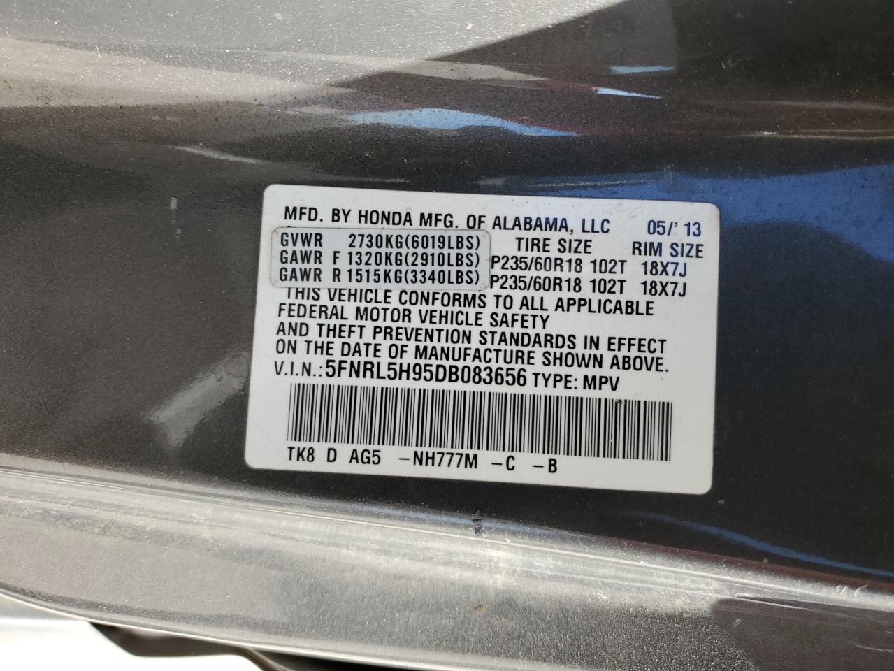 VIN 5FNRL5H95DB083656 2013 HONDA ODYSSEY no.13