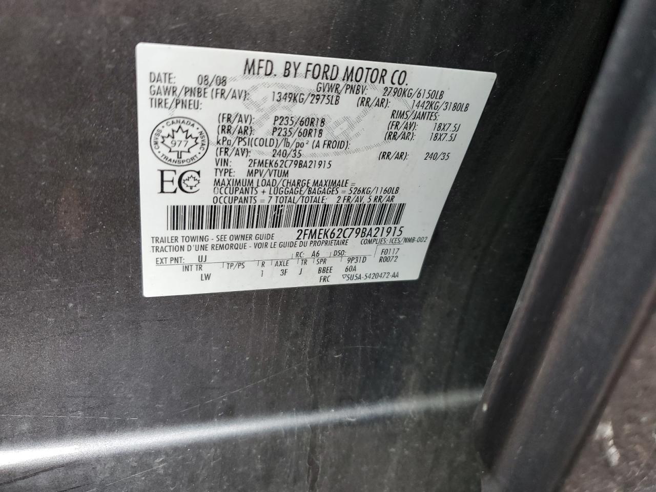 2009 Ford Flex Sel VIN: 2FMEK62C79BA21915 Lot: 81728324