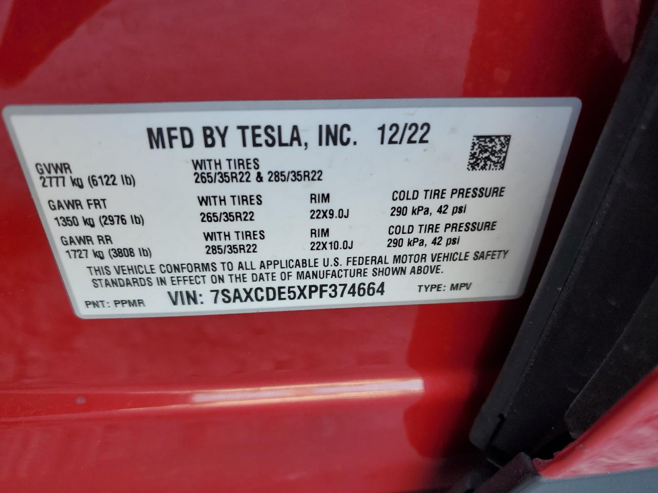 2023 Tesla Model X VIN: 7SAXCDE5XPF374664 Lot: 81452834