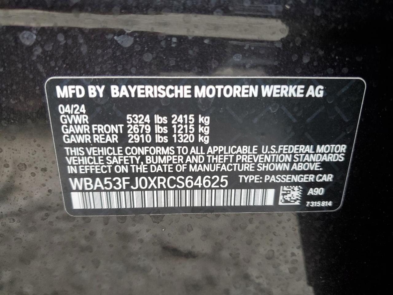 2024 BMW 530 Xi VIN: WBA53FJ0XRCS64625 Lot: 80845954