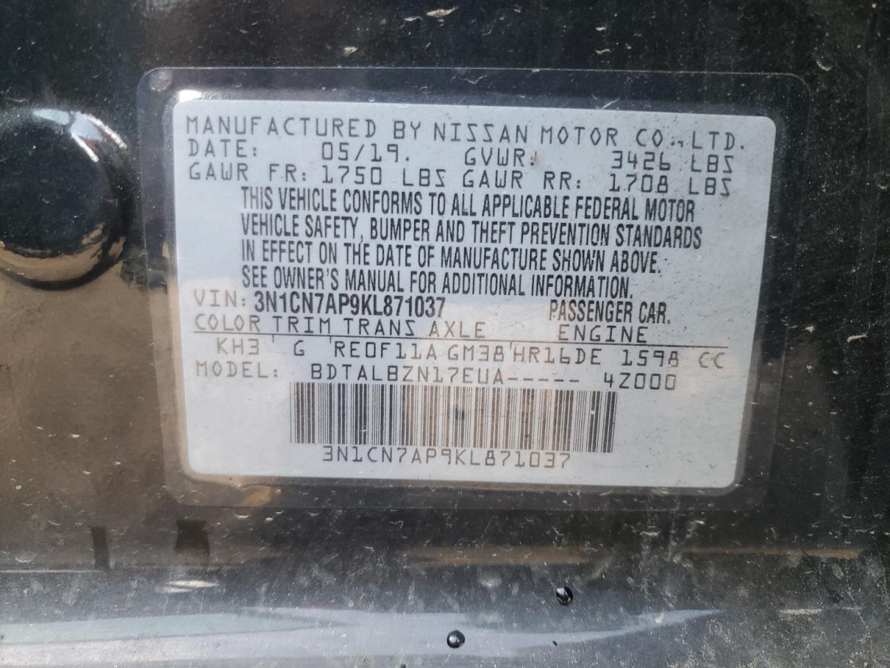 VIN 3N1CN7AP9KL871037 2019 NISSAN VERSA no.12