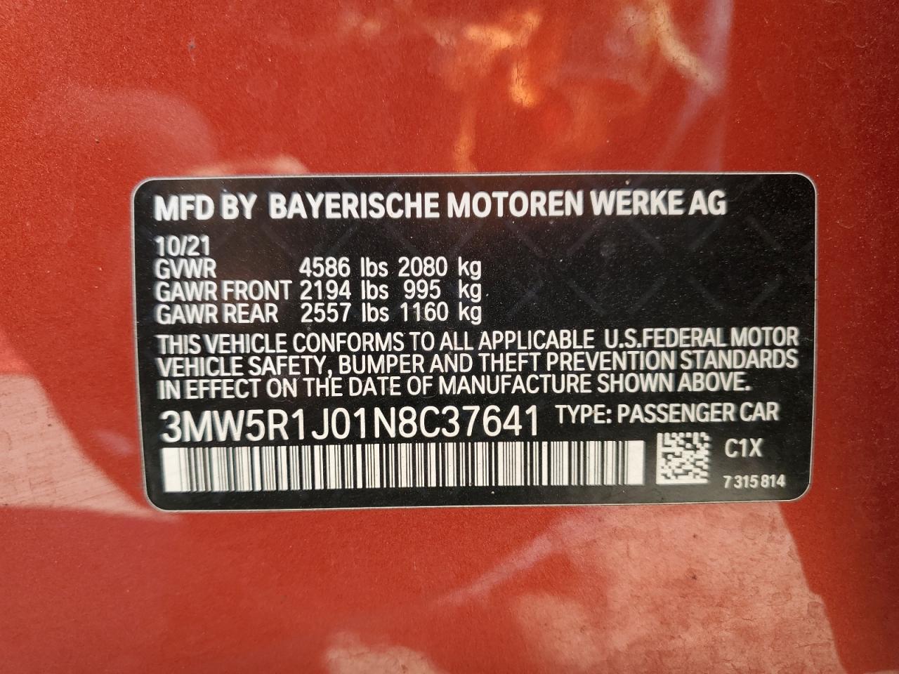 VIN 3MW5R1J01N8C37641 2022 BMW 3 SERIES no.12