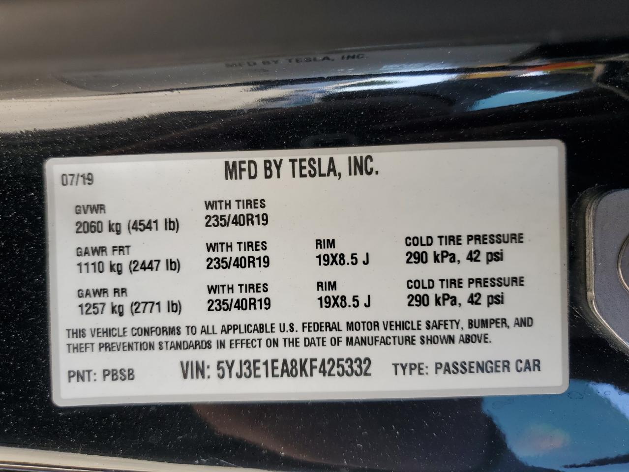 2019 Tesla Model 3 VIN: 5YJ3E1EA8KF425332 Lot: 81451664