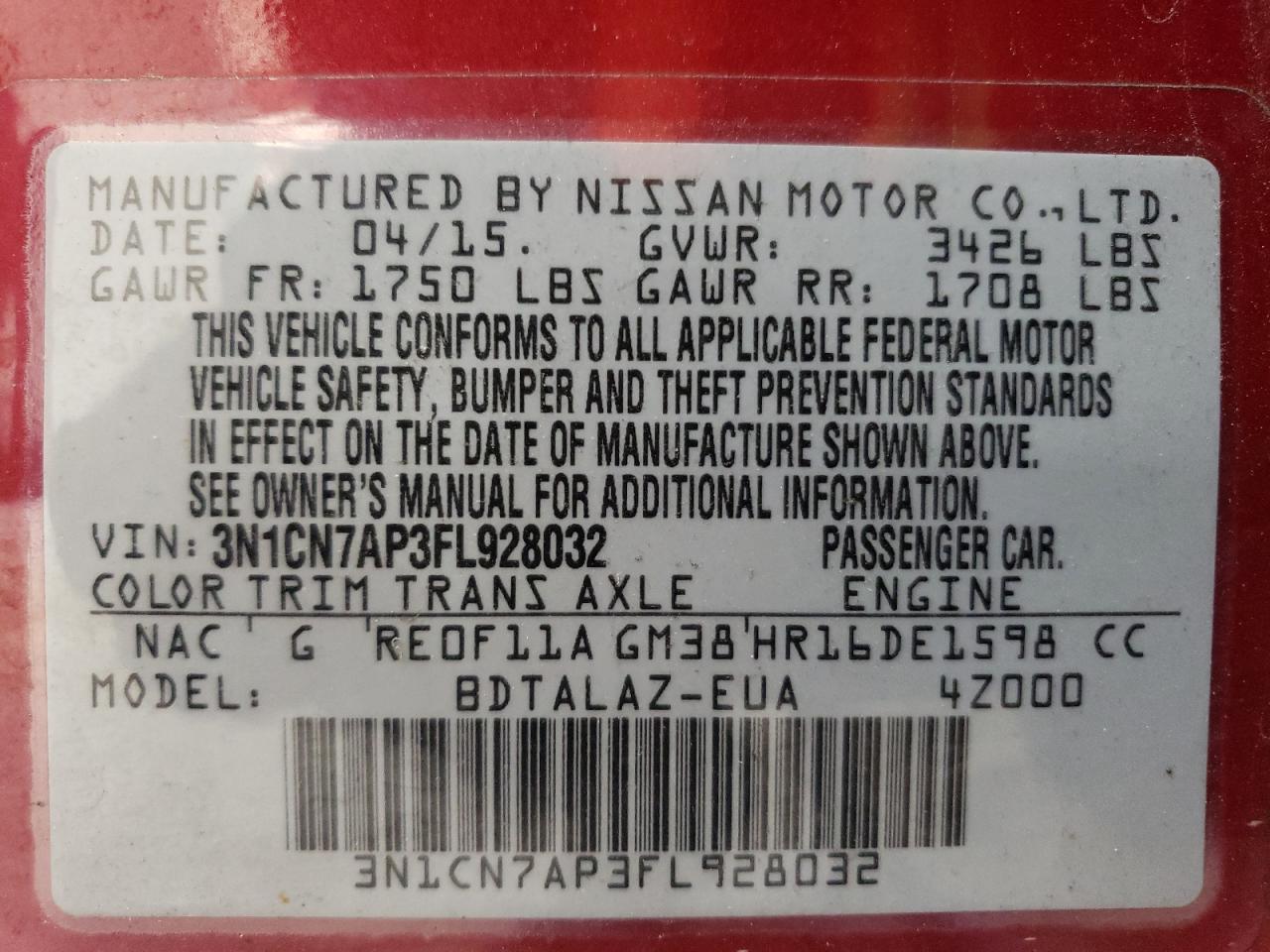 VIN 3N1CN7AP3FL928032 2015 NISSAN VERSA no.13