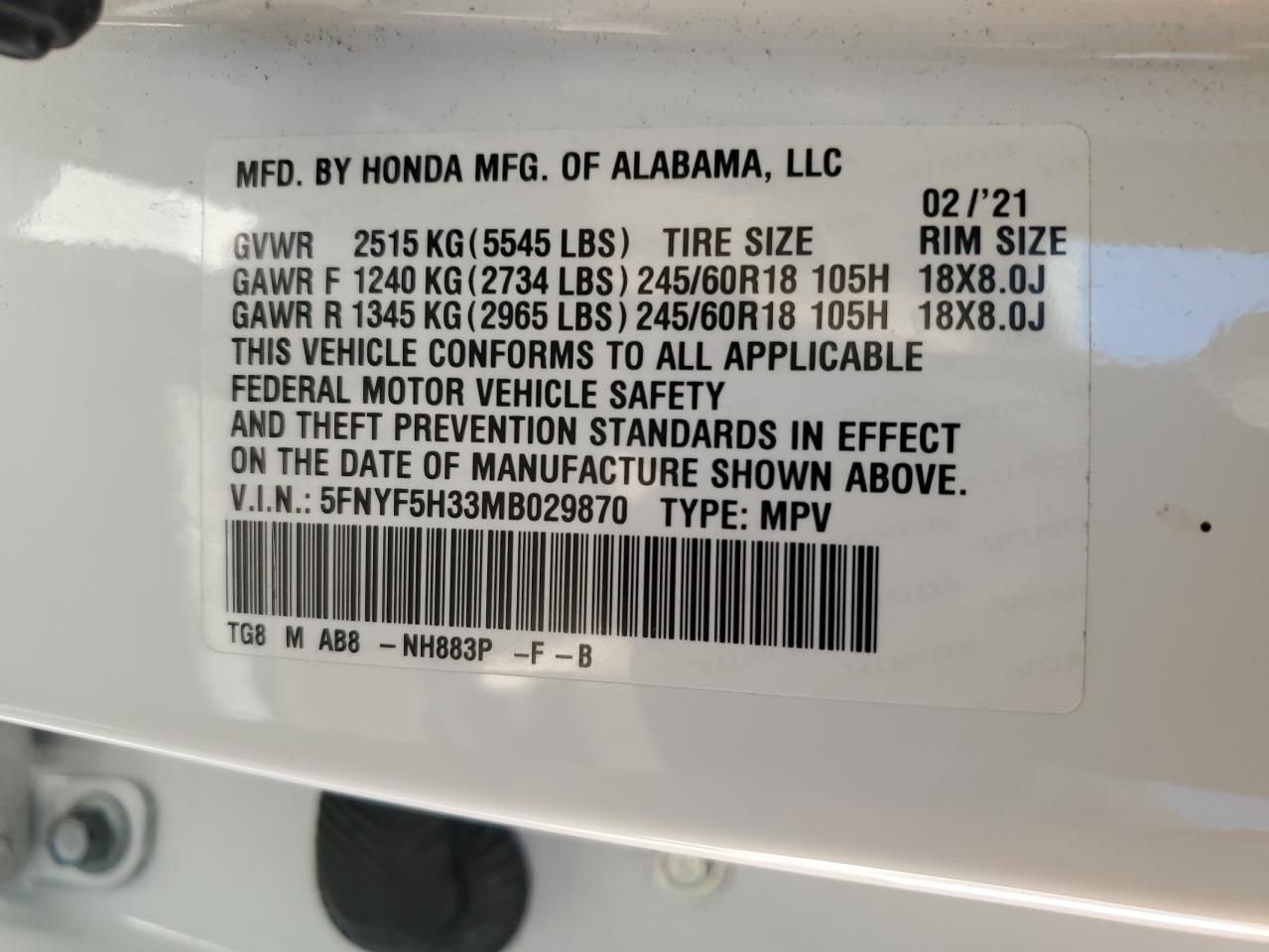 VIN 5FNYF5H33MB029870 2021 HONDA PILOT no.14