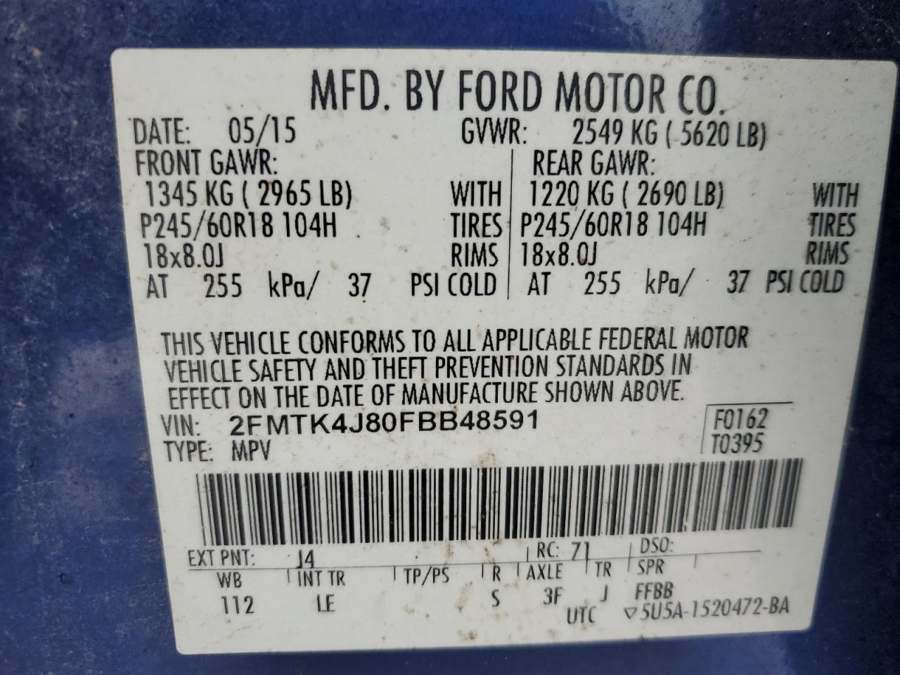 VIN 2FMTK4J80FBB48591 2015 FORD EDGE no.13